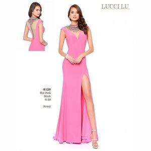 NWT Lucci Lu Bubblegum Pink Bead Embellished Collar Gown, Style # 8129, Sz 4